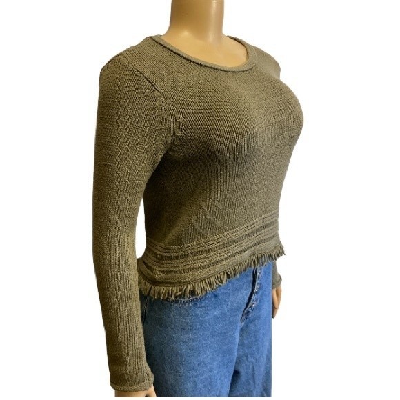 Artisan NY Cropped knit sweater fringe hem Army green rolled cuffs size XS - Picture 4 of 16